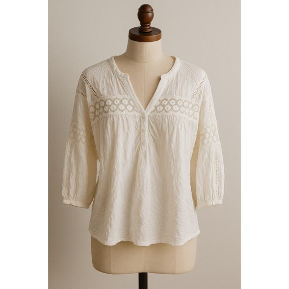 Sundance Victorian White Richelieu Crinkle Blouse Lace Accents Cotton blend Med - Picture 2 of 8
